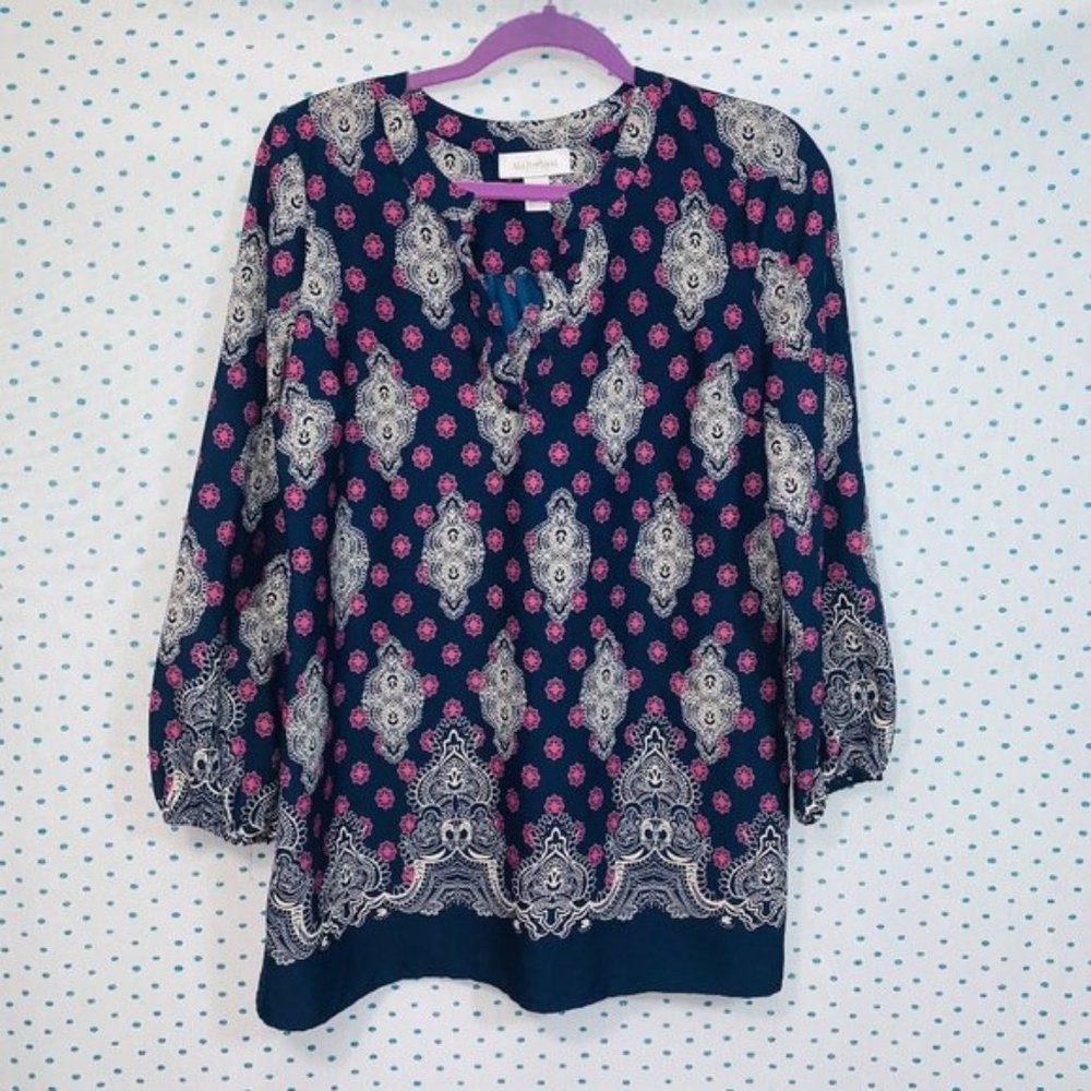 Motherhood Maternity V-Neck Paisley Long Sleeve Tunic Peasant Blouse